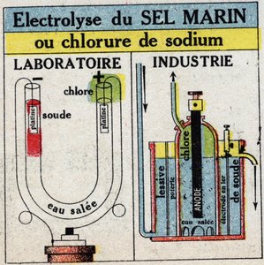 Elektrokemi: elektrolyse af havsalt eller natriumchlorid. Anonym illustration fra 1925. Privat samling. af Anonymous Anonymous
