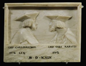 Kejser Maximilian I og hans barnebarn kejser Karl V ... (alabast) af Anonymous Anonymous