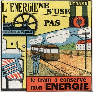 Energi bliver ikke slidt: elproduktion med en dynamo, der fodrer dampmaskinen på en sporvogn. Anonym illustration fra 1925. Privat samling. af Anonymous Anonymous