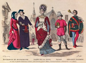 Gravering - Bourgeois et bourgeoise, hofdame, kammertjener, våbensergent i Paris i det 13. århundrede (i baggrunden la grande Chatreuse de Paris, hotel Vauvert) - Hofkostumer i Frankrig i det 13. århundrede - privat samling af Anonymous Anonymous