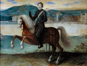 Rytterportræt af Henri IV (1553-1610) foran Paris (1594). Anonymt maleri. h s/kobber. Mål: 0,25 x 0,31 m. Paris, Musée Carnavalet af Anonymous Anonymous