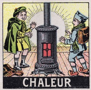 Ether (materiale): to børn opvarmet af varmen fra et komfur. Anonym illustration fra 1925. Privat samling. af Anonymous Anonymous