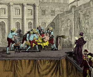Bøddel Samson mærker Jeanne de Valois Saint Remy (Valois-Saint-Remy), kendt som Comtesse de la Motte (1756-1791) efter hans dom i sagen om dronningens halskæde i 1786, Gravering, Private Collection af Anonymous Anonymous