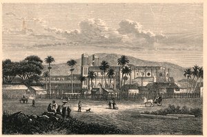 Udvendig udsigt over katedralen i Port of Spain i Trinidad og Tobago, Trinidad og Tobago. Indgravering i "The Catholic Missions in the Nineteenth Century" af Louis-Eugene (Louis Eugene) Louvet. privat samling. af Anonymous Anonymous