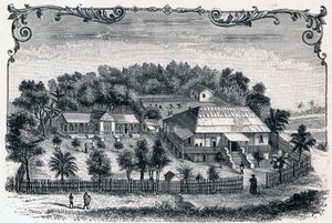 Udvendig udsigt over præstegården og skolen i Hell Ville (Hell-Ville) (Andoany), hovedstaden på øen Nosy Be på Madagaskar. Indgravering i "Les Missions Catholiques au XIXeme Siecle"" af Louis-Eugene (Louis Eugene) Louvet. privat samling. af Anonymous Anonymous