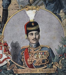 Første Verdenskrig 1914-1918 (14-18): Portræt af prinsregenten af Serbien Alexander, som blev kong Alexander I af Jugoslavien eller Alexander II af Serbien (1888-1934). Indgravering i "" Le Petite Journal"" af Anonymous Anonymous