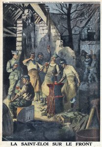 Første Verdenskrig 1914-1918 (Krig 14-18). Fejring af Saint Eloi (Saint-Eloi) af soldater på fronten. De drikker alle et glas rødvin til festen. I "" Le Petite Journal", den 3/12/1916. Privat samling af Anonymous Anonymous