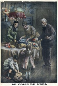 Første Verdenskrig 1914-1918 (Krig 14-18). Julegave: Børn modtager og pakker pakker ud, de har modtaget fra deres far på slagmarken juleaften. I "" Le Petite Journal"", den 24/12/1916. Privat samling af Anonymous Anonymous