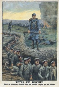 Første Verdenskrig 1914-1918 (Krig 14-18). "" Hovedhoveder"": besmitter tyske fanger i en skyttegrav erobret af den franske hærs tropper. I "" Le Petité Journal"", den 5/03/1916. Privat samling af Anonymous Anonymous