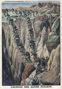 Første Verdenskrig 1914-1918 (Krig 14-18). Italienske soldater bestiger toppen af Cauriol i Fiemme-alperne i Italien. I "" Le Petite Journal", 8. oktober af Anonymous Anonymous