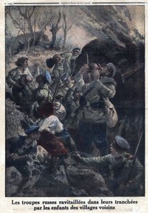 Første Verdenskrig 1914-1918 (Krig 14-18). Russiske militærtropper tanket op i deres skyttegrave af børn fra nabolandsbyer. I "" Le Petite Journal"", den 02/04/1916. Privat samling af Anonymous Anonymous