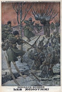 Første Verdenskrig 1914-1918 (Krig 14-18). Russiske soldater Ahotniki på ski skyder tyske soldater. I "" Le Petite Journal"", den 23/01/1916. Privat samling af Anonymous Anonymous