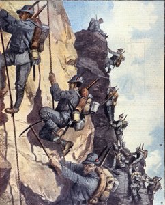 Første Verdenskrig: "" Italienske alpine jægere (alpino eller alpini) klatrer op på en mur i de italienske alper af Anonymous Anonymous