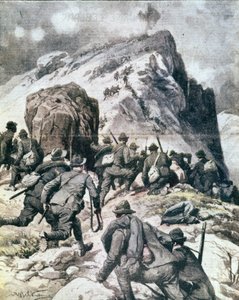 Første Verdenskrig: "" Italienske alpine jægere (alpino eller alpini) klatrer til toppen af Cauriol, italienske alper"" 1916 Illustration fra "La domenica del corriere"" af Anonymous Anonymous