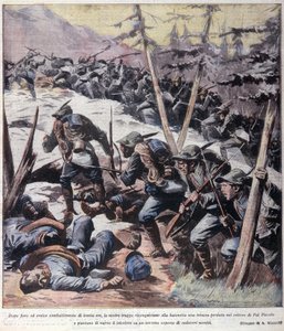 Første Verdenskrig: "" Italienske alpine jægere (alpino eller alpini) tager tilbage fra fjender Pal Piccolo, italienske alper"" 1916 Illustration fra "La domenica del corriere"" af Anonymous Anonymous