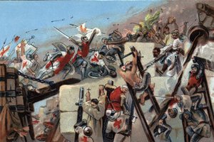 Første korstog (1096-1099): erobringen af Jerusalem af krydstogter ledet af Godefroy (Godefroi) af Bouillon (1061-1100) den 15. juli 1099. Reklamekromolitografi af Antoine-chokolader i Bruxelles, begyndelsen af det 20. århundrede. Privat samling af Anonymous Anonymous