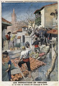 Oversvømmelser i Spanien: Kong Alfonso XIII (1886-1941) besøger de skumle forstæder til Sevilla. Indgravering i "" Le Petite Journal"", den 25/02/1912. Privat samling. af Anonymous Anonymous