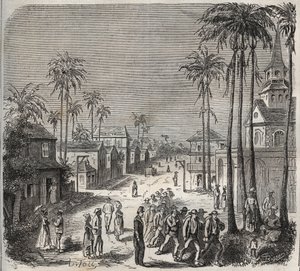 Forkatte, der går på arbejde på fængsel Saint-Laurent (Saint-Laurent) i Cayenne (Fransk Guyana) i det 19. århundrede. Indgravering i "Historien om fængslerne fra deres skabelse til i dag"" (1877) af Pierre Zaccone (1817-1895) (Colonia Penale - Straffekolon af Anonymous Anonymous
