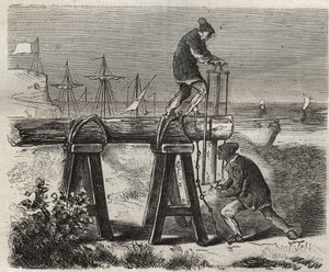 Forcats saweurs af fængselsanstalten Saint-Laurent (Saint-Laurent) i Cayenne (Fransk Guyana) i det 19. århundrede. Indgravering i "Fangernes historie fra deres skabelse til i dag"" (1877) af Pierre Zaccone (1817-1895) (Colonia Penale - Straffekoloni). Priv af Anonymous Anonymous