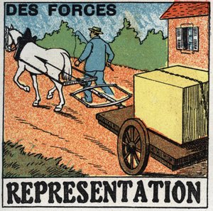 Kræfter: en hest trækker en bil. Anonym illustration fra 1925. Privat samling. af Anonymous Anonymous