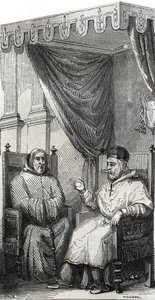 Frans af Paola grundlægger af den romersk-katolske minimerorden og pave Sixtus IV - Saint Francois de Paule (Francesco di Paola) (1416-1507), grundlægger af Minimesordenen med pave Sixtus IV - Indgravering af 1846 i "Lives of the Hellige””. Privat indsamli af Anonymous Anonymous