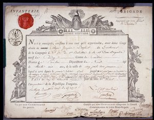Den Franske Revolution: officielt dokument af militær conge dateret 5 Prairial år IV (24/05/1796) af en løjtnant fra brigaden i distriktet Cambrai. Nord Lilles afdelingsarkiv af Anonymous Anonymous