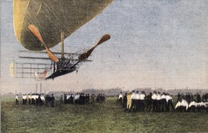 Fra Compiegne til London med luftskib: landing af Bayard-Clement (Bayard Clement) til Wormwood Scrubbs. Gravering. En af avisen "" Le petit parisien"" den 30/10/1910. Privat samling. af Anonymous Anonymous