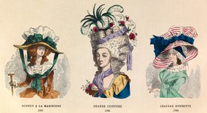 Fra venstre til krage: Hat a la mariniere i 1787; Grande Hairstyle i 1785 og Hat Bonnette i 1786 - privat samling af Anonymous Anonymous
