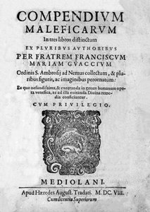 Frontispice af "" Compendium Maleficarum"", omhandler hekse, deres ondskab og deres sortileges af Francesco Maria Guazzo eller Guaccio eller Guaccius (15?? -16??) 1608 af Anonymous Anonymous