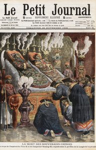 Begravelse af kinesiske herskere: Ligene af imperator af Kina Yehenara, kejserinde Xiao Ding Jing (1868 - 1913) og kejser Guangxu eller Kuang-Siu (Kouang Siu), kejser af Kina fra Qing-dynastiet (1872-1908) udstillet i pavillonen af den imperiale longevite. af Anonymous Anonymous