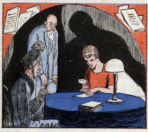 Grafologi: en grafolog, konsulteret af et gammelt ægtepar, læser med et forstørrelsesglas en persons håndskrevne skrift for at udlede psykologiske træk. Indgravering i "" Le Petite Journal illustrious"" 1926. Privat samling. af Anonymous Anonymous