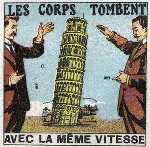 Tyngdekraft: kroppe falder med samme hastighed. Brug af tårnet i Pisa til at illustrere lovene for faldende kroppe. Anonym illustration fra 1925. Privat samling. af Anonymous Anonymous