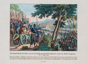 Guerre russo-turque de 1828-1829 - Russisk hær krydser Pruth-floden ind i Moldavien i maj 1828 par Anonymous, ca. 1830 - Radering, akvarel af Anonymous Anonymous
