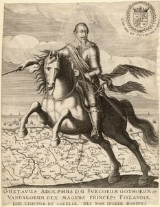 Gustave II Adolphe, dit le Grand ou le lion du Nord (1594-1632), roi de Suede, chevauchant la carte de Pomeranie - Gustavus Adolphus før kortet over Pommern i baggrunden - Anonym - 1630 - Kobberstik - 30,4x23, 9 - Privat samling af Anonymous Anonymous