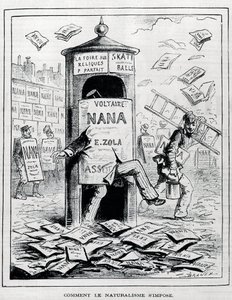 Sådan påtvinges naturalismen: satirisk tegning på den naturalistiske roman om bogen "Nana" af Emile Zola. Indgravering af det 19. århundrede. Privat samling. af Anonymous Anonymous