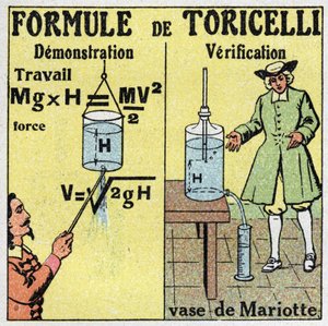 Hydraulisk: demonstration og verifikation af Toricelli formel. Den italienske fysiker Evangelista Torricelli eller Toricelli (1608-1647) gav en formel til at beregne strømningshastigheden af en væske, når man kender højden af dens fald. Til højre, vasen af af Anonymous Anonymous