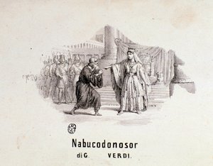 Illustreret frontispice af musikalsk partitur af Nabucco-operaen af Giuseppe Verdi af Anonymous Anonymous
