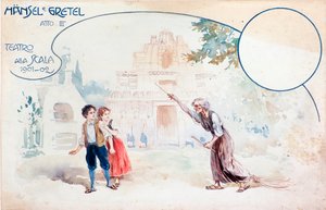 Illustration af Hansel und Gretel opera af Humperdinck, under forestillingen på teatro alla Scala af Anonymous Anonymous