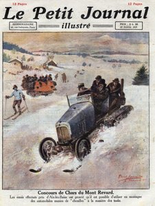 Innovation på biler i bjergene, spor er placeret på hjulene for at undgå skader. Illustration taget fra "" Le petit journal"" af 27/02/1921. Privat samling af Anonymous Anonymous