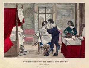 Interiør af et barberhus i Paris under kong Ludvig XIII