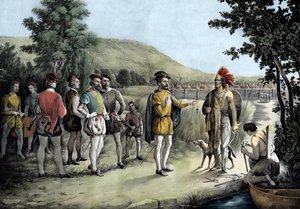 Jacques Cartier, hans første interview med indianerne ved Hochelaga nu Montreal i 1535 (litho af Anonymous Anonymous