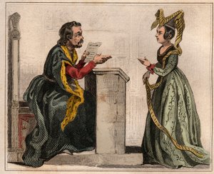 Jehan Pastoret (1328-1405), formand for Paris-parlamentet under Charles Vs regeringstid med en adelig kvinde, iført en liripion. Stik fra 1859 i "" Le Monde. Alle folkeslags historie fra de fjerneste tider til i dag”. af M. E. de Lostal af Anonymous Anonymous