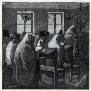 Jødiske højtider: fideles under bønnen inde i et oratorium i helligdagene. Stik i “Le monde illustree”” fra 1892. Privat samling. af Anonymous Anonymous