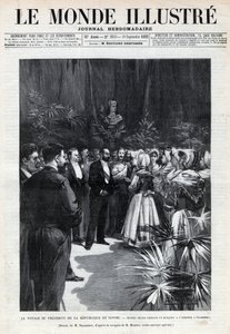 Sadi Carnots (1837-1894) rejse til Savoyen: Republikkens præsident bydes velkommen i Chambery af unge piger, der tilbyder ham en buket blomster. En avis. Stik i “Le monde illustree”” fra 1892. Privat samling. af Anonymous Anonymous