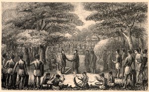 Kong Lebuschi byder velkommen til Henri Depelchin (1822-1900), jesuitermissionær og første overordnede for Upper Zambeze-missionen i Afrika. Indgravering i "Les Missions Catholiques au XIXeme Siecle"" af Louis-Eugene (Louis Eugene) Louvet. privat samling. af Anonymous Anonymous