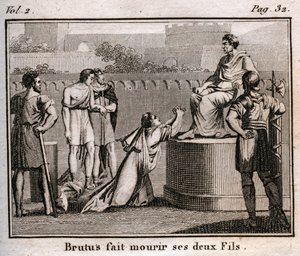 LUCIUS JUNIUS BRUTUS dømmer sine egne sønner til døden for at planlægge at genoprette Tarquins, de fordrevne konger af Rom, 509 f.Kr. - Indgravering fra "" Ungdommens Rollin eller udvalgte stykker af antikke og romerske historier"" 1816 - Privat samling af Anonymous Anonymous