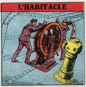 Landmagnetisme: to sømænd, der manøvrerer roret på et skib og kigger på cockpittet, en kobberkasse, hvori en kompakt er placeret. Anonym illustration fra 1925. Privat samling. af Anonymous Anonymous