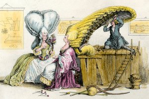 Store excentriske frisurer: unge kvinder af adelen stylet af en paryk. Stik fra 1788 Privatsamling af Anonymous Anonymous