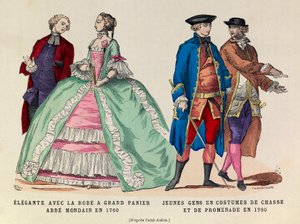 Til venstre: Elegante med en stor kurvkjole, mondain abbe i 1760/højre: Unge mænd i jagt- og vandredragt i 1760 (kong Ludvig XVs regne) - privat samling af Anonymous Anonymous