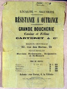 Legalite - Sanitet. Modstand mod Outrance. Fantastisk hundeslagter og katte... Plakat, der viser prisen på hunde- og kattekød for indbyggerne i Paris under belejringen under 1870-kommunen. af Anonymous Anonymous